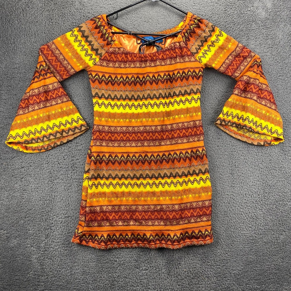 Urban‎ Mango Mini Dress Bell Sleeve Zig Zag Patterned Orange Yellow Brown M